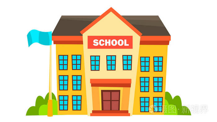 學校建筑向量。現代城市大學。法薩德外觀。磚。孤立的平面卡通插圖